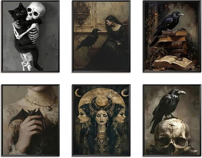 XYHYRA Vintage Gothic Wall Art Set of 6, Dark Academia Witchy Posters, Victorian Raven & Skull Prints, Halloween Home Decor for Living Room Bedroom Bathroom 8x10 Inch Unframed