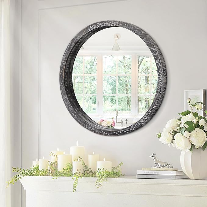 JJUUYOU Round Wall Mirror Large Circular Wall Mounted Mirror for Bathroom Circle Mirror for Decor Wooden Make up Mirror for Farmhouse Living Room Bedroom 20Inch