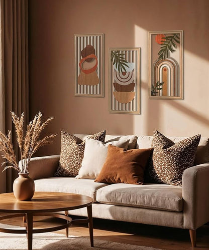 Putuo Decor Boho Wall Art Set of 3, Modern Minimalist Wooden Wall Decor, Abstract Aesthetic Room Decorations, Mid-Century Modern Artwork for Living Room, Bedroom, Office Orange 16.5 x 8.6 inch