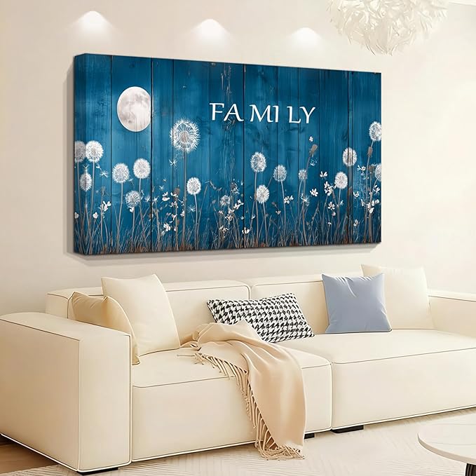 BQVCT Blue Dandelion and Moon Wall Art 20x40 Inch Large Gallery Wrapped Canvas Print Floral Botanical Decor on Rustic Wood Texture Ready to Hang for Living Room Bedroom