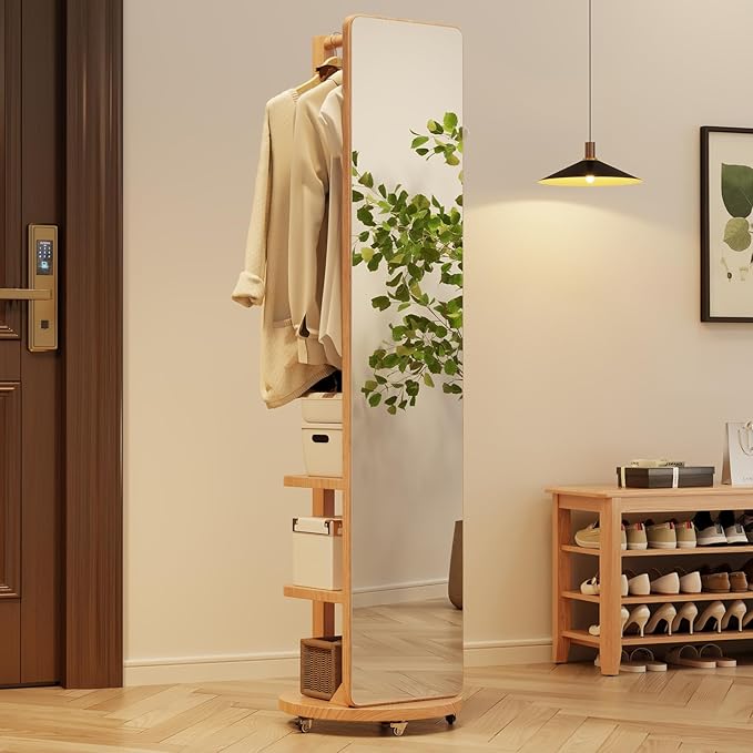 WoodsWhisper Full Length Mirror Coat Rack Solid Wood Floor Mirror 66"x12" Full Length Mirror with Stand Long Mirrors for Bedroom,Living Room (Natural-Mobile, 66" Lx12 W)