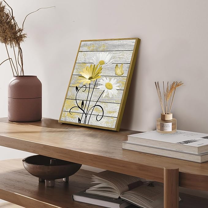 HVEST Yellow Floral Framed Wall Art for Bathroom, Rustic Daisy Butterfly on Rustic Wood Canvas Wall Art Nature Plant Flower Pictures for Bedroom Living Room Office Wall Decor, 17L X 12W inches