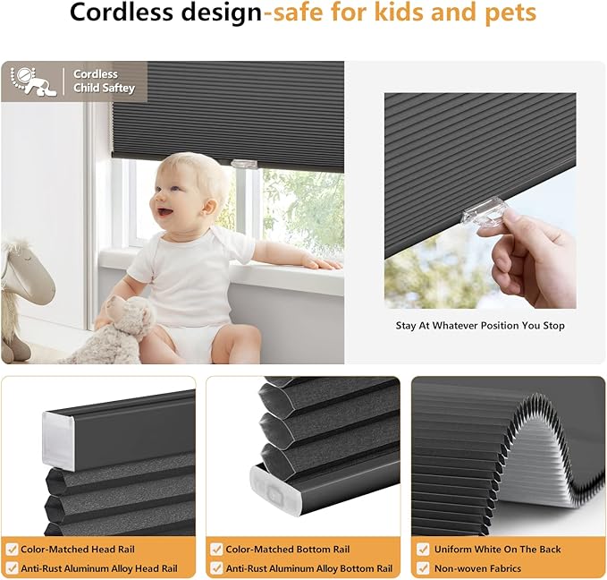 LazBlinds Cordless Cellular Shades, Blackout Privacy Honeycomb Shades for Home, Thermal Insulation Noise Reduction Blinds for Windows, 42'' W x 48'' H, Black