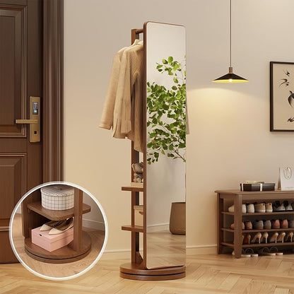 WoodsWhisper Full Length Mirror Coat Rack Solid Wood Floor Mirror 66"x12" Full Length Mirror with Stand Long Mirrors for Bedroom,Living Room (Deep Walnut, 66" Lx12 W)
