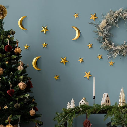 MidModArt 6PCS Mid Century Modern 3D Star Wall Art Gold Retro Starburst Sculptures Vintage Celestial Home Decor, Gold Moon