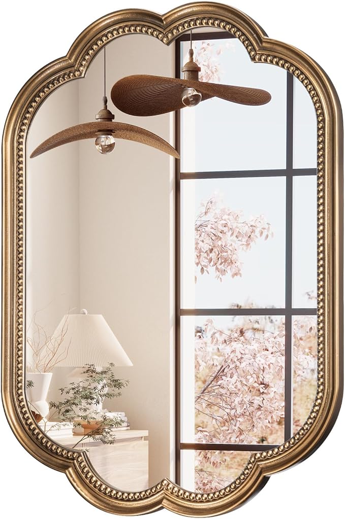 Scalloped Mirror for Bathroom, 20" x 36" Antique Wide Brass Mirror, Vintage Gold Mirrors with Beaded for Over Sink, Bedroom, Living Room, Fireplace, Entryway, Hangs Horizontally or Vertically