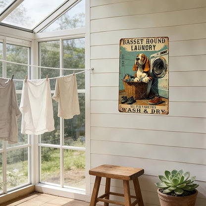 Retro Metal Poster Basset Hound Laundry Wash And Dry Metal Tin Signs Vintage Plaque Wall Decor Gift for Office Club Bar Home Kitchen 16x12 Inch
