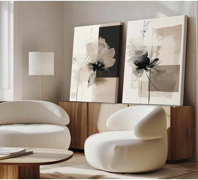 Modern Abstract Floral Wall Art Minimalist Neutral Canvas Painting Decor Beige Cream And Black Wall Art Contemporary Flower Picture Prints for Living Room Bedroom 16x24 Inch Wrapped Canvas Set of 2