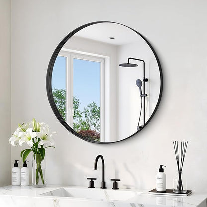 Black Round Mirror 22 inch Deep Frame Circle Mirror, Metal Framed Bathroom Mirror, Round Vanity Mirror, Circle Mirrors for Wall Entryway Bedroom Living Room Hallway