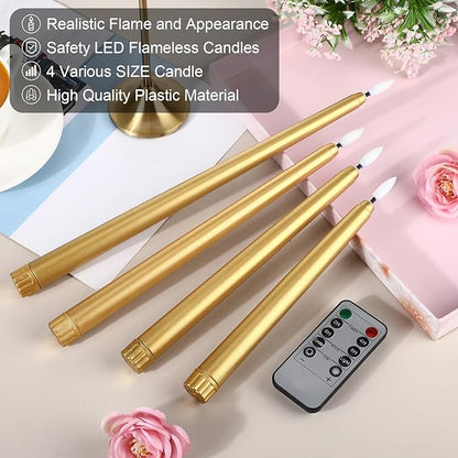 Rossesay 28 Pcs Flameless Taper Candles with Timer Remote 4 Sizes of 8.5", 9.6", 10.83", 12.8" LED Flickering Taper Candles Battery Operated for Valentine's Day Church Wedding Home Decor(Gold)