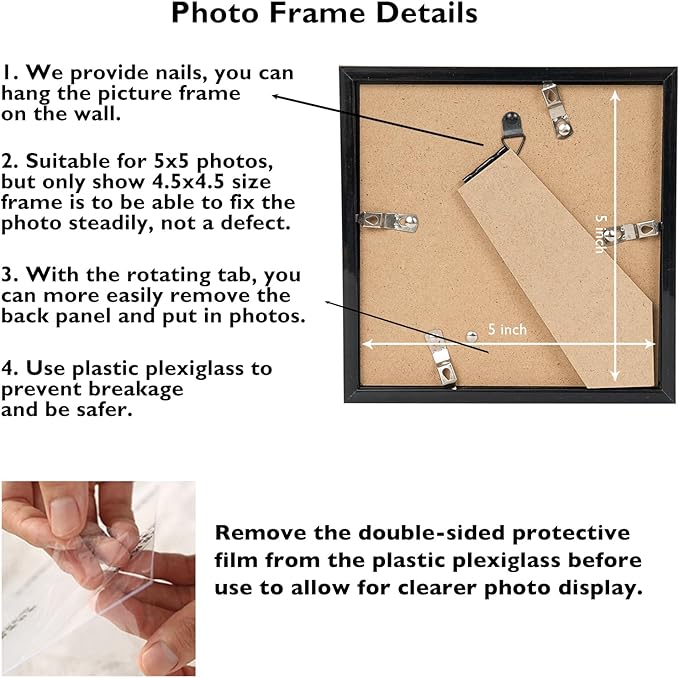 5x5 Picture Frame Set of 6 Black for Wall Hanging or Tabletop, Wall Mounting Horizontally or Vertically, 5 x 5 Square Wall Gallery Poster Photo Frame with Shatter Resistant Plexiglass, 6 Pack, Black
