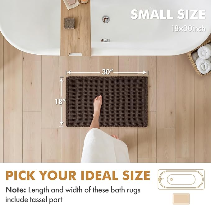MIULEE Set of 2 Waffle Bathroom Rugs, Boho Bath Rugs Non Slip Washable, Super Absorbent Bath Mats, Ultra Soft Rubber Backed Shower Mats for Bathroom Floor, Tub and Shower, Chocolate, 18x30 Inch