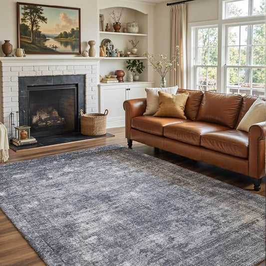 5x7 Area Rugs Light Grey Washable Rug for Living Room, Dining Room, Bedroom, Large Carpets, Non Slip & Non-Shedding Low Pile Vintage Print Rug for Home Office Decor
