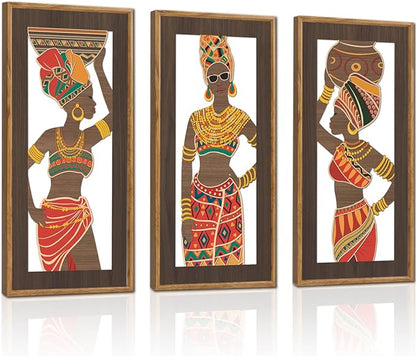 KAIRNE African American Wall Sign,Southwestern Orange Wooden Wall Art,Set of 3(8”X16”) Framed,Black Women Wood Bohemian Hanging Decor,Boho African Tribe Artwork for Living Room Bedroom Decor