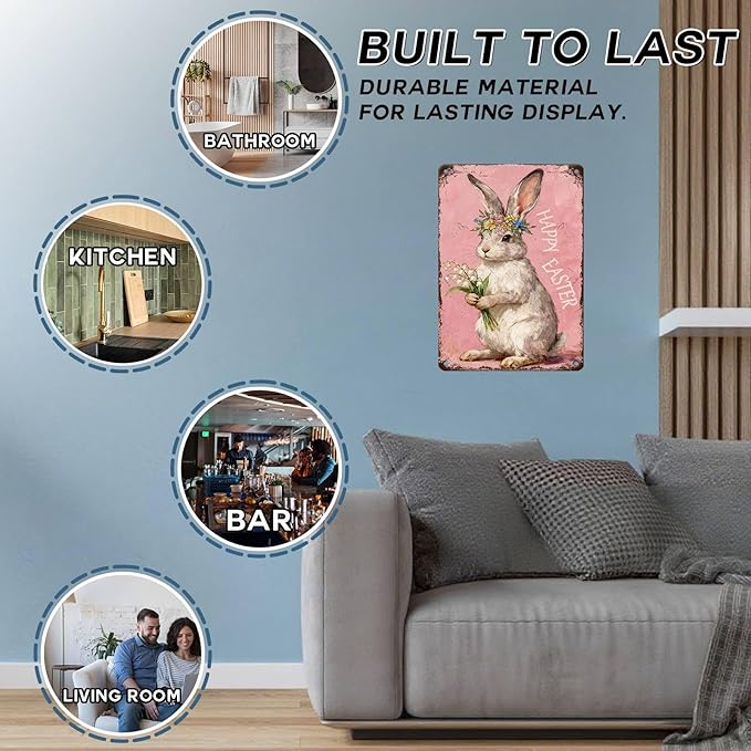 Happy Easter Bunny Metal Sign Pink Background Design Rustic Farmhouse Wall Art For Home Kitchen Garden Spring Decor 12x16Inch