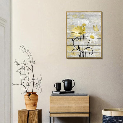 HVEST Yellow Floral Framed Wall Art for Bathroom, Rustic Daisy Butterfly on Rustic Wood Canvas Wall Art Nature Plant Flower Pictures for Bedroom Living Room Office Wall Decor, 17L X 12W inches