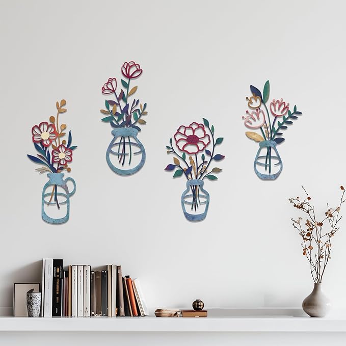 4PCS Metal Flowers Wall Arts Rustic Farmhouse Decor Minimalist Flower Wall Decors Metal Floral Wall Art for Living Room Bathroom Bedroom Dining Room (Multicolored)
