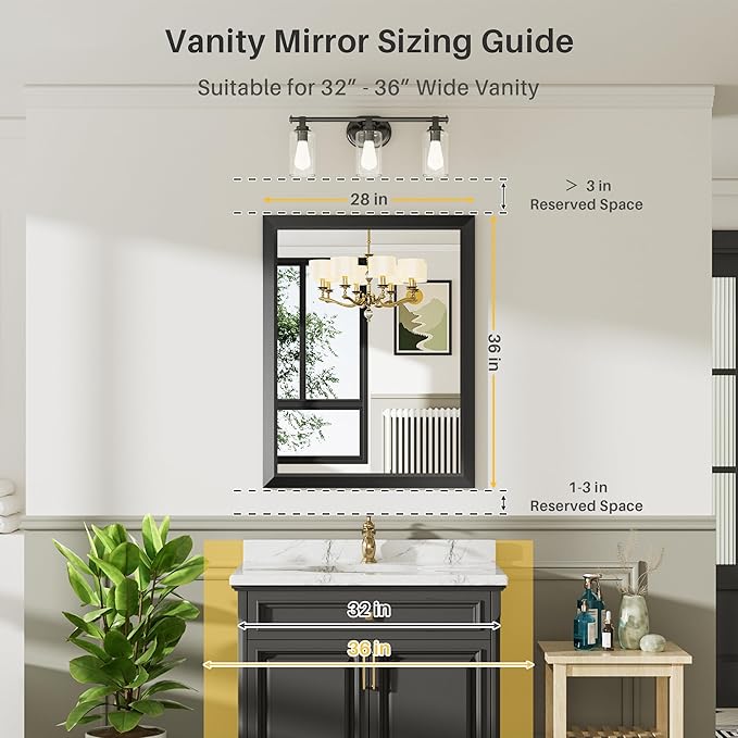 Briivue 28x36 Inch Black Bathroom Mirror for Wall, Thick Metal Framed Rectangle Mirrors for Over Sink, Bedroom, Living Room, Entryway, Anti-Rust, HD Tempered Glass