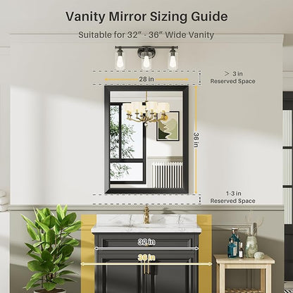 Briivue 28x36 Inch Black Bathroom Mirror for Wall, Thick Metal Framed Rectangle Mirrors for Over Sink, Bedroom, Living Room, Entryway, Anti-Rust, HD Tempered Glass