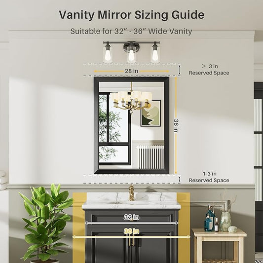 Briivue 28x36 Inch Black Bathroom Mirror for Wall, Thick Metal Framed Rectangle Mirrors for Over Sink, Bedroom, Living Room, Entryway, Anti-Rust, HD Tempered Glass