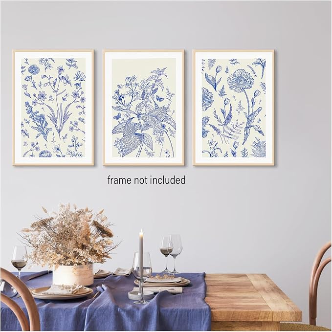 LYPHNX Blue White Chinoiserie Floral Poster Wall Art Navy Watercolor Flower Canva Painting Set of 3 Minimalist Botanical Wildflower Prints Picture Home Decor for Bedroom Living room 16"x24" UnFramed