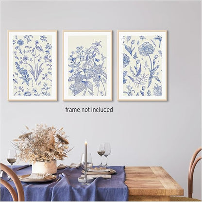 LYPHNX Blue White Chinoiserie Floral Poster Wall Art Navy Watercolor Flower Canva Painting Set of 3 Minimalist Botanical Wildflower Prints Picture Home Decor for Bedroom Living room 12"x16" UnFramed