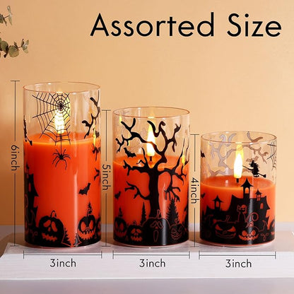 Eywamage Orange Halloween Glass Flameless Candles with Remote, Real Wax Flickering LED Pillar Candles Set of 3