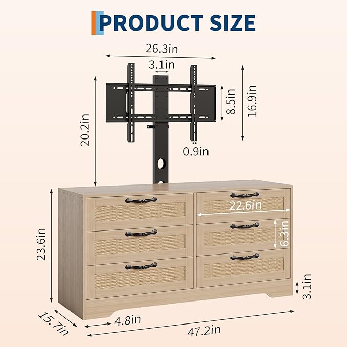 GarveeHome TV Stand with Mount, 47.2" Modern Entertainment Center 6-Drawer Rattan Dresser for 32-85 Inch TVs, Media Console Table with Storage for Living Room, Bedroom, Natural