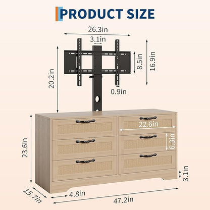 GarveeHome TV Stand with Mount, 47.2" Modern Entertainment Center 6-Drawer Rattan Dresser for 32-85 Inch TVs, Media Console Table with Storage for Living Room, Bedroom, Natural