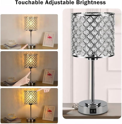 GyroVu Crystal Table Lamp for Bedroom Living Room, Touch Control Bedside Lamp with USB C+A Ports - Dimmable Nightstand Lamp Modern Light, Bulb Included