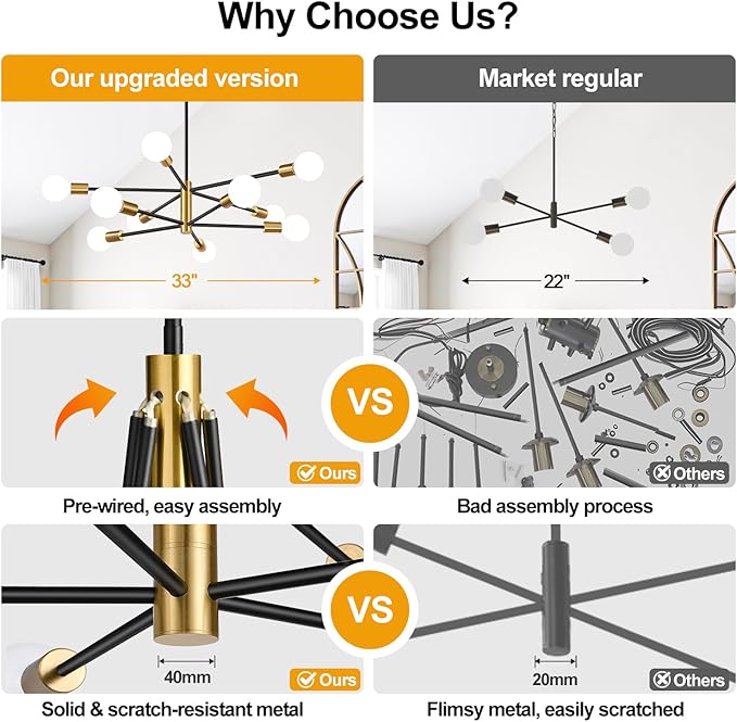 10.9"-52.3" Height Adjustable Modern Chandelier Ceiling Light Fixture, 10-Light Sputnik Chandeliers Brushed Gold and Black Dining Room Light Fixture, Chandeliers for Dining Room (Bulbs Not Included)