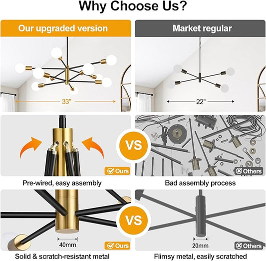 10.9"-52.3" Height Adjustable Modern Chandelier Ceiling Light Fixture, 10-Light Sputnik Chandeliers Brushed Gold and Black Dining Room Light Fixture, Chandeliers for Dining Room (Bulbs Not Included)