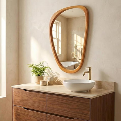 Solid Wood 30"x20" Irregular Asymmetrical Mirror, Japandi Boho Organic Shaped Decorative Accent Mirror, Small Natural Honey Walnut Wooden Wall-Mounted Mirror, Warm Walnut
