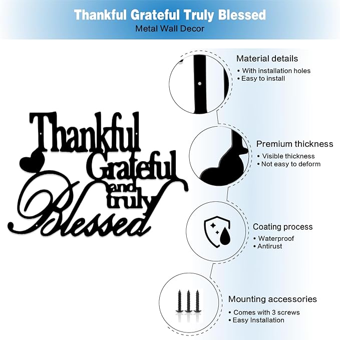 Hppybiry Thankful Grateful Blessed Wall Decor Black Metal Wall Art Thankful Grateful and Truly Blessed Sign Home Decor Entryway Living Room Decoration Signs - 32 Inches