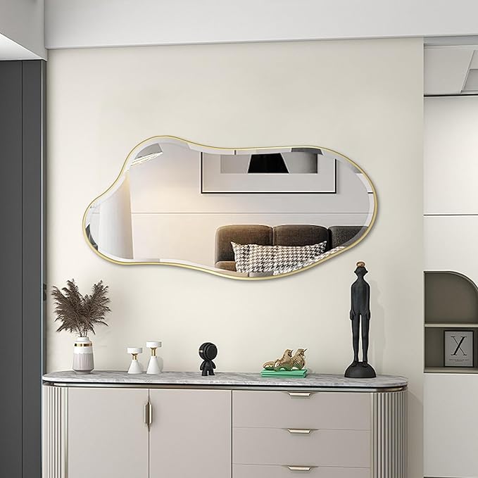 POZINO Irregular Beveled Mirror, 40"x20" Premium Asymmetrical Mirror with Gold Metal Frame, Modern Organic Shaped Mirrors for Living Room Bathroom Bedroom Hallway Entryway, Horizontal/Vertical Hanging