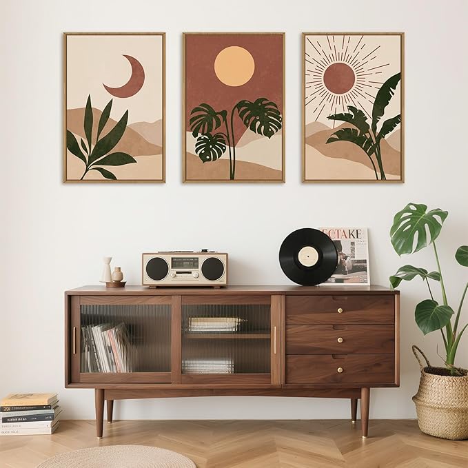 KAIRNE Vintage Sun and Moon Framed Canvas Wall Art Set,Boho Desert Botanical Wall Decor,Abstract Green Terracotta Art Prints,Retro Minimalist Artwork for Living Room,Bedroom,Farmhouse,Office-24"x36"x3