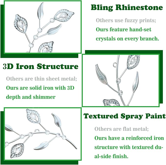 2 Sets Leaf Wall Art for Home Metal Bling Rhinestones Ready to Hang Tree Branch Leaves Olive Vine Wrought Iron Hanging Sculpture Pieces Wall Decor Pcs - 16.5in