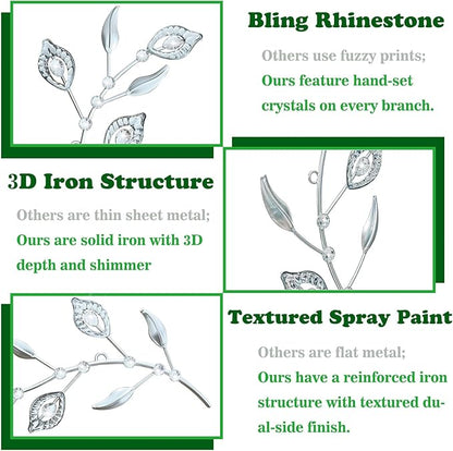 2 Sets Leaf Wall Art for Home Metal Bling Rhinestones Ready to Hang Tree Branch Leaves Olive Vine Wrought Iron Hanging Sculpture Pieces Wall Decor Pcs - 16.5in