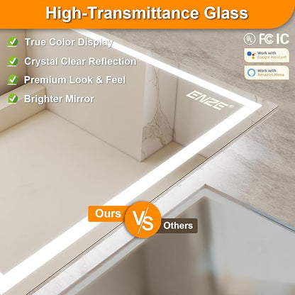 ENZE 28"x 48" Smart Lighted Bathroom Mirror for Wall, WiFi App & Voice Control (Alexa/Google), Anti-Fog, 3-Color Dimmable, Built-in Clock, Plug-in/Hardwired Vanity Mirror