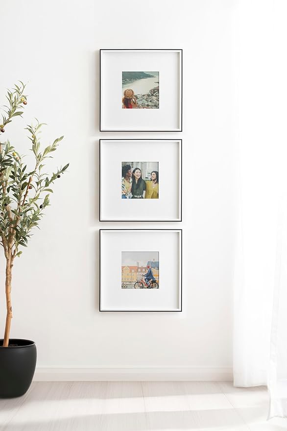 Kate and Laurel Gibson Modern Wall Picture Frame Set of 3; 16x16 matted to 8x8; Black and White; Three-Piece Frame Set for Gallery Wall Frame Set in Living Room Wall Décor