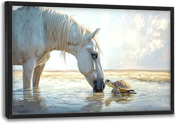 Ocean Beach Landscape Large Wall Art for Living Room Horse Framed Canvas Decor Coastal Sea Turtle Prints Painting Pictures Extra Large Seascape Artwork for Bedroom Bathroom Office Home Decor 24"x36"