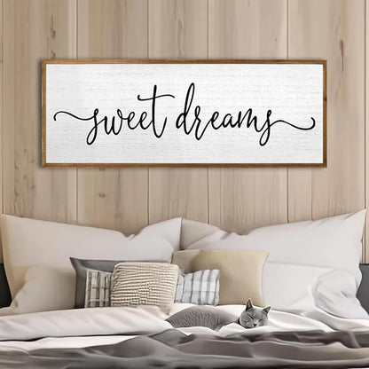 Sweet Dreams Wall Decor Above Bed Sign 32''×12'' Large Wood Framed Master Bedroom Guest Room Sweet Dreams Signs Farmhouse Rustic Wall Art Decoration (Wood)