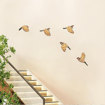 Vumyhuby 5 Pcs Yellow Wooden Bird Wall Art | Rustic Folk Art Wall Decor for Indoor Use | Handcrafted Wood Flying Birds Wall Hangings for Living Room, Bedroom, Kitchen, Office | Scandinavian Home Decor Gift