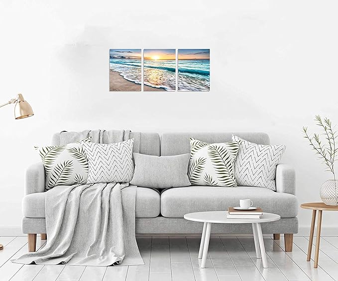 TutuBeer 3 Panel Beach Canvas Wall Art for Home Decor Blue Sea Sunset White Beach Painting the Picture Print on Canvas Seascape the Pictures for Home Decor Decoration,Ready to Hang