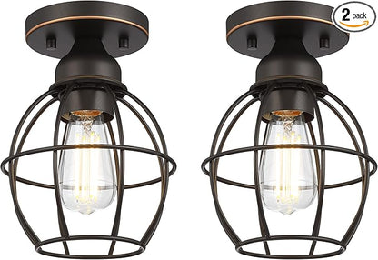 Farmhouse Ceiling Light Fixture, Vintage Semi Flush Mount Ceiling Light, Small Metal Cage Lighting Lamp for Hallway Entryway Kitchen Porch, Oil Rubbed Bronze Finish, 2-Pack