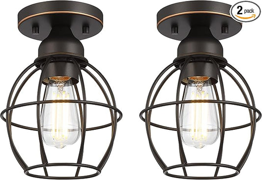Farmhouse Ceiling Light Fixture, Vintage Semi Flush Mount Ceiling Light, Small Metal Cage Lighting Lamp for Hallway Entryway Kitchen Porch, Oil Rubbed Bronze Finish, 2-Pack