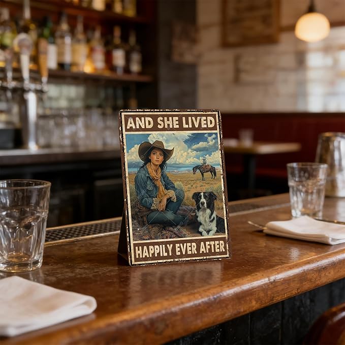 Cowgirl Metal Tin Signs and She Lived Happily Ever After Decorative Poster Wall Art Decoration for Home Bar Club Coffee shop 16x12 Inch