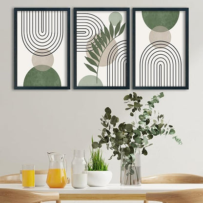 SRSZHIYUE Green Sage Boho Wall Art 16"×11" Set of 3 Abstract Framed Prints Modern Farmhouse Minimalist Geometric Line Leaf Bathroom Sign for Family Living Room Pictures Office Wall Hang Decor (Black)