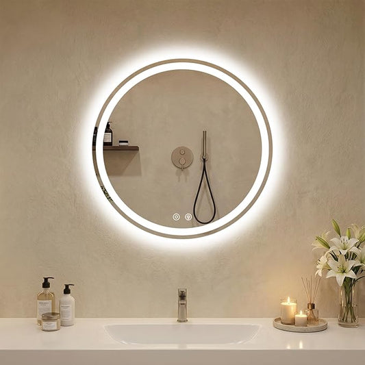 DUMOS 24 Inch Round LED Bathroom Mirror with Lights, Circle Vanity Mirror with Anti-Fog, Dimmable, 3-Color Light, Front Light and Backlit, Memory Function, Tempered Glass