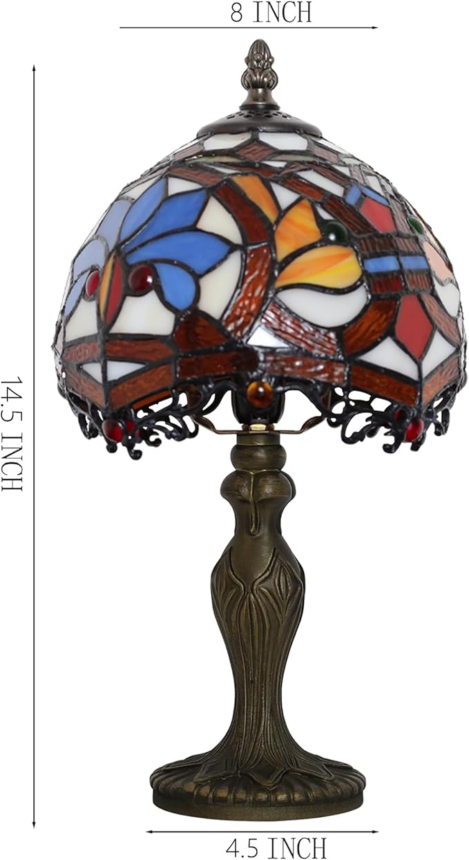 Tiffany Style Lamp Stained Glass Table Lamp 8 x 14.5 Mini Accent Light Yellow Phoenix Tail Design Small Decorative Bedside Reading Memory Lamp